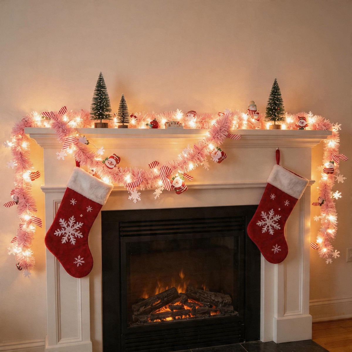 Christmas LED tinsel string lights wrapped along an indoor staircase