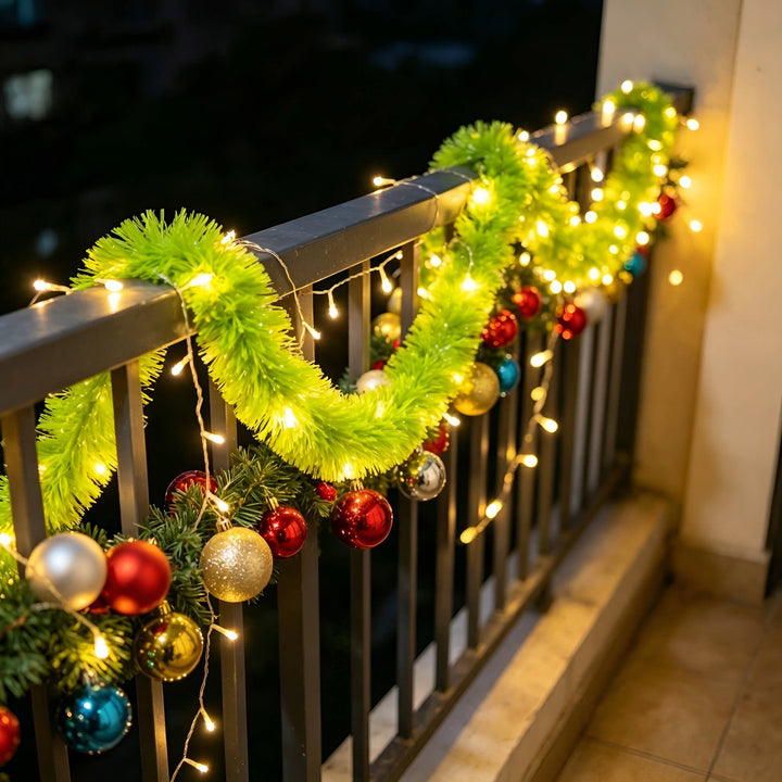 Christmas LED tinsel string lights decorating an outdoor railing