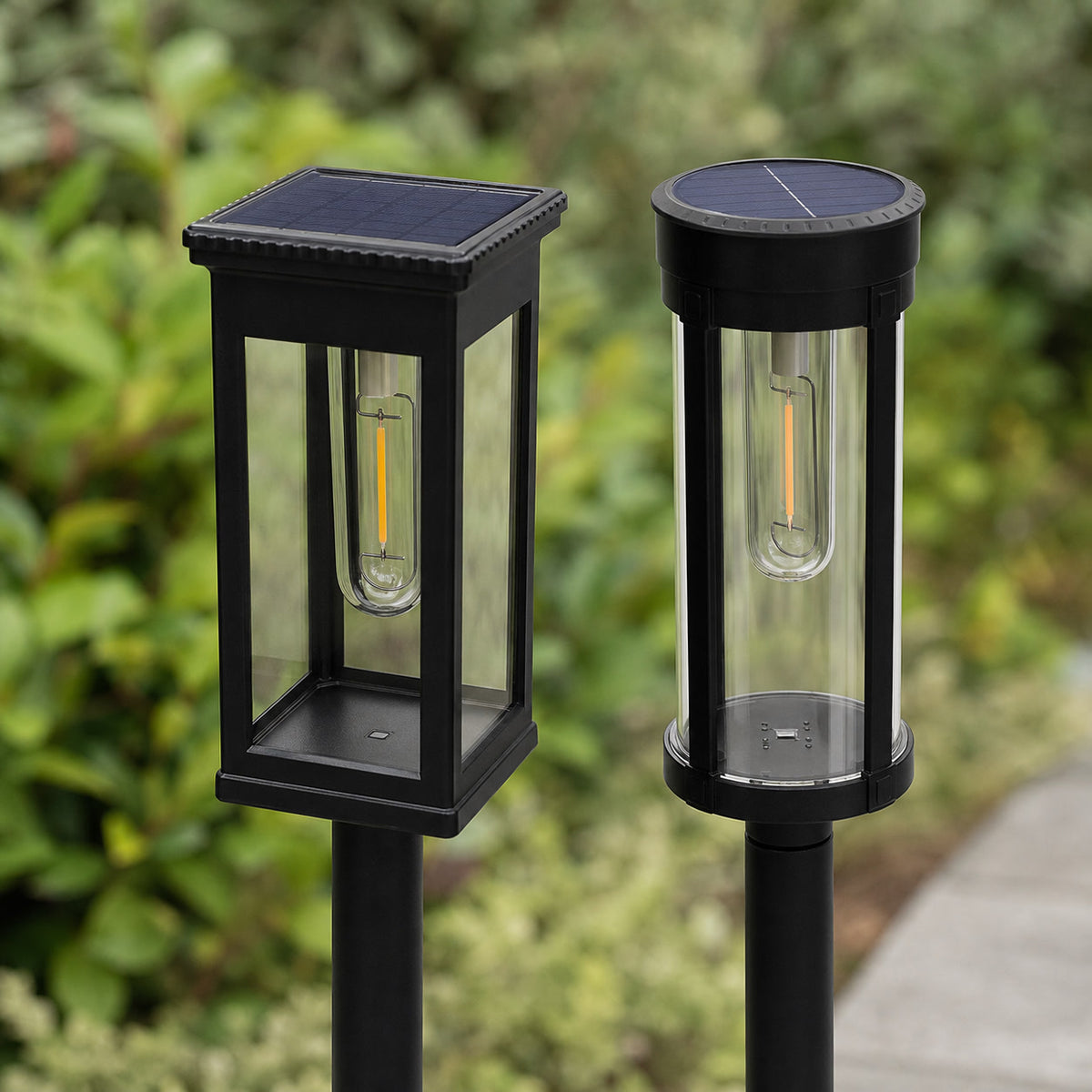 Close view of square and round solar Edison pathway light heads