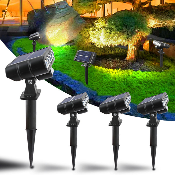 Multi-LED solar landscape spotlights in a garden setting