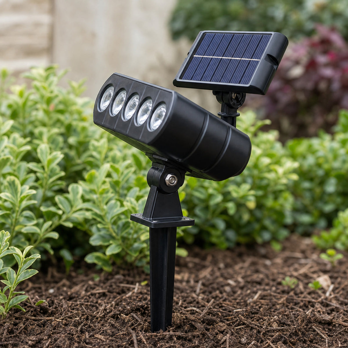 Close view of a multi-LED solar landscape spotlight with an adjustable head and panel