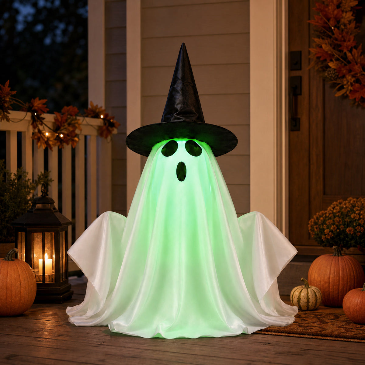 Green-glow ghost decoration displayed on a covered Halloween porch