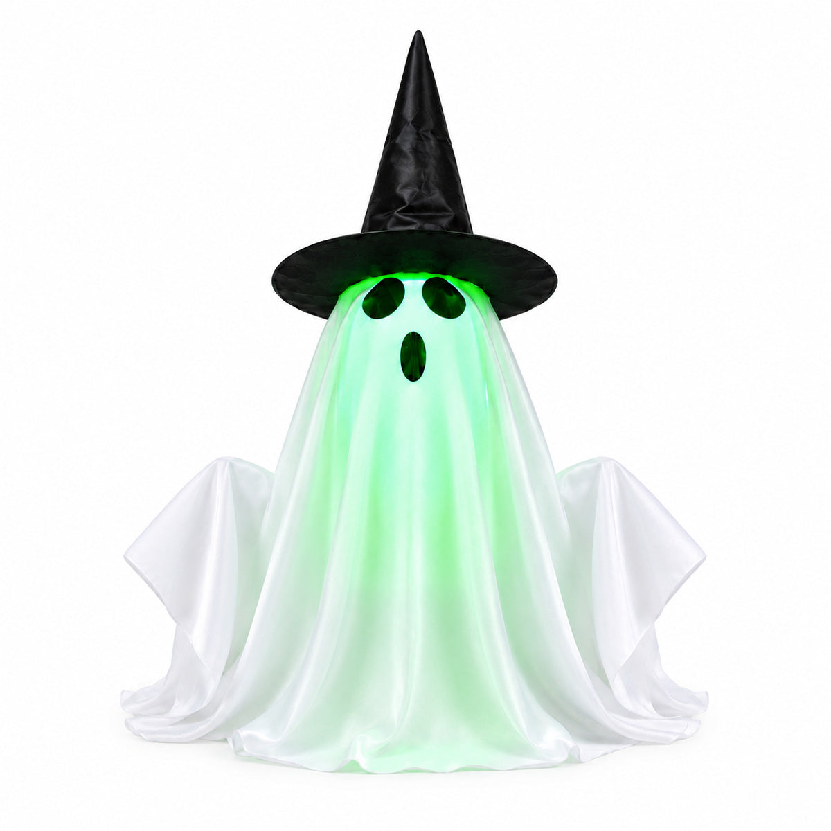 Animated Halloween ghost decoration with a green-glowing face