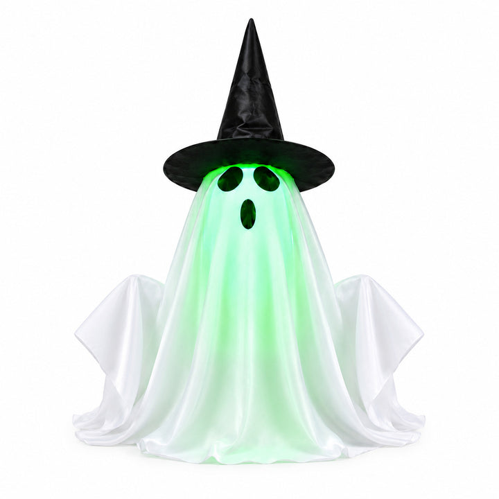 Animated Halloween ghost decoration with a green-glowing face