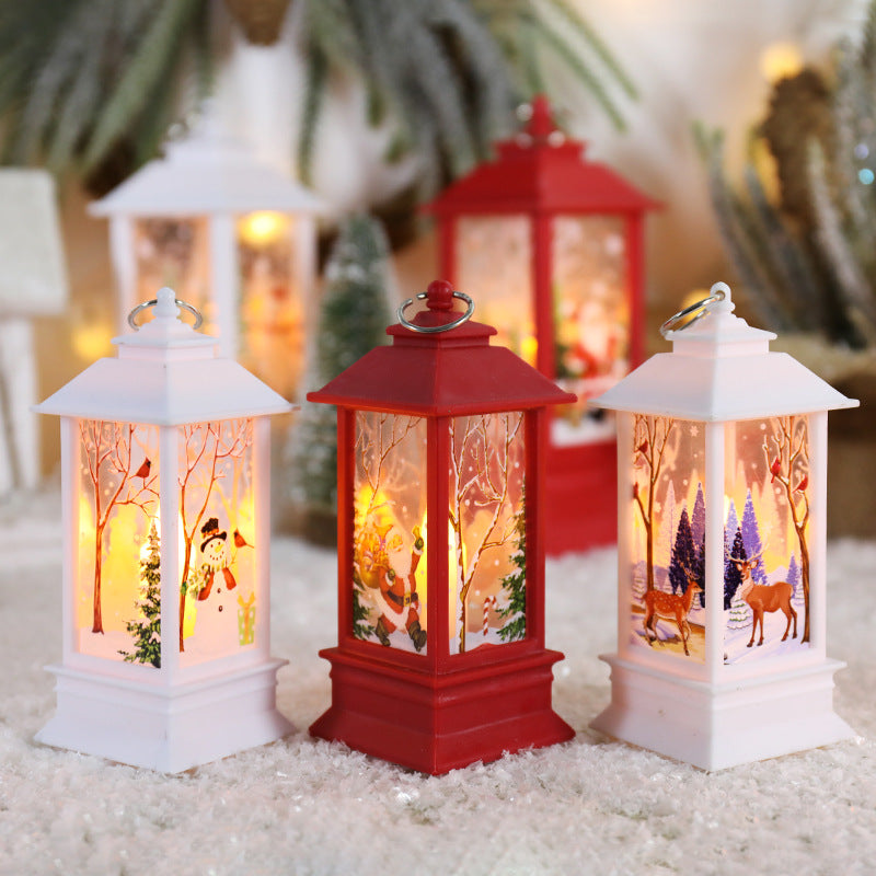 Mini Christmas lantern accents arranged for an indoor holiday display