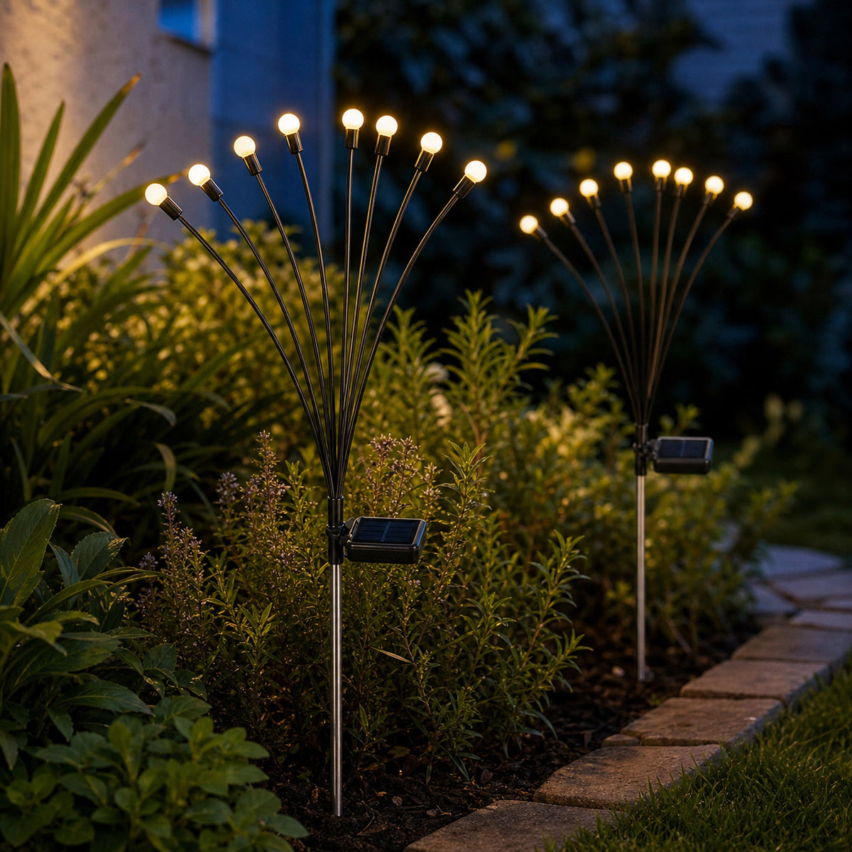 Solar firefly garden lights glowing among plants at dusk