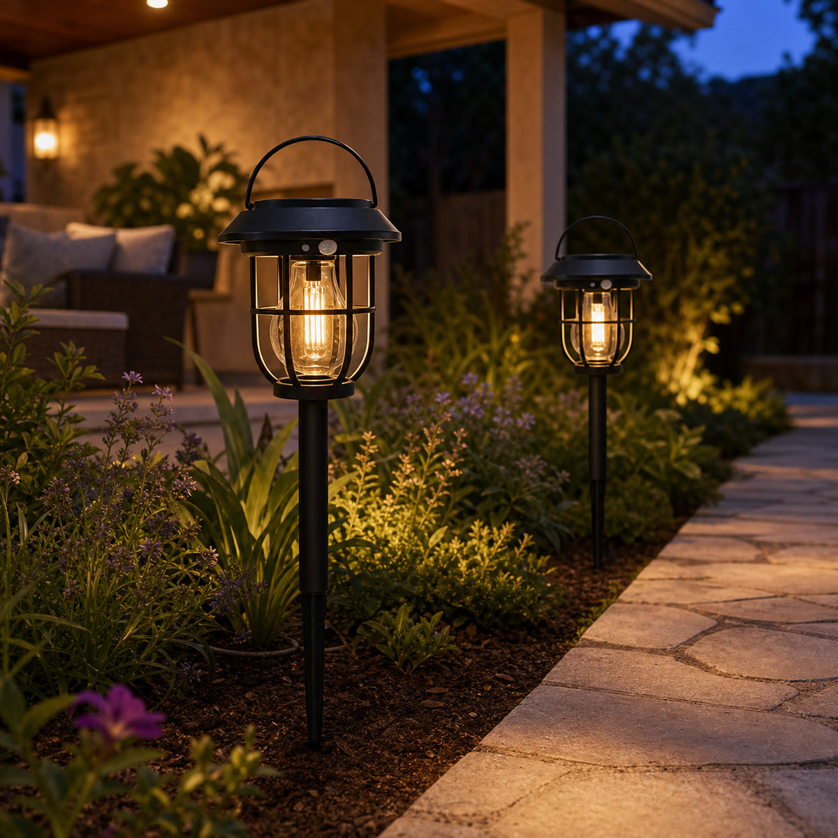 Convertible solar lantern lights glowing along a planted patio walkway