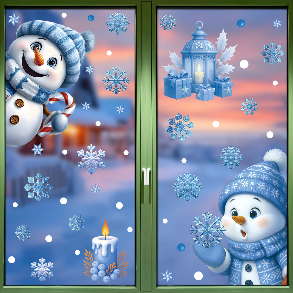 Blue Christmas static clings arranged on an indoor glass door