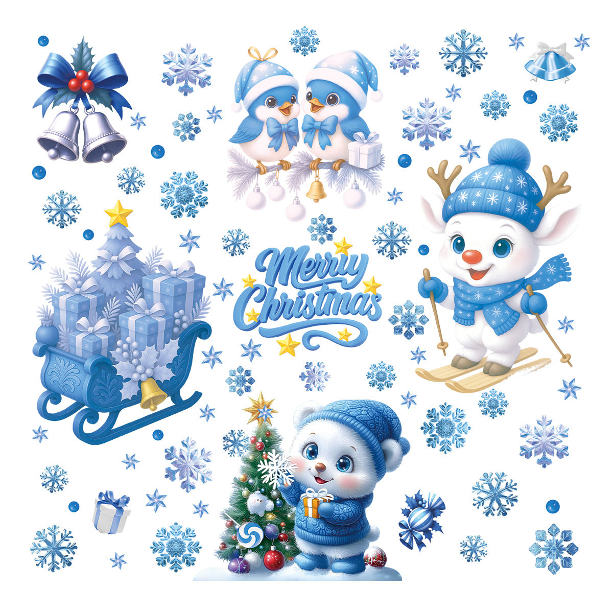 Four coordinated sheets of blue winter window clings