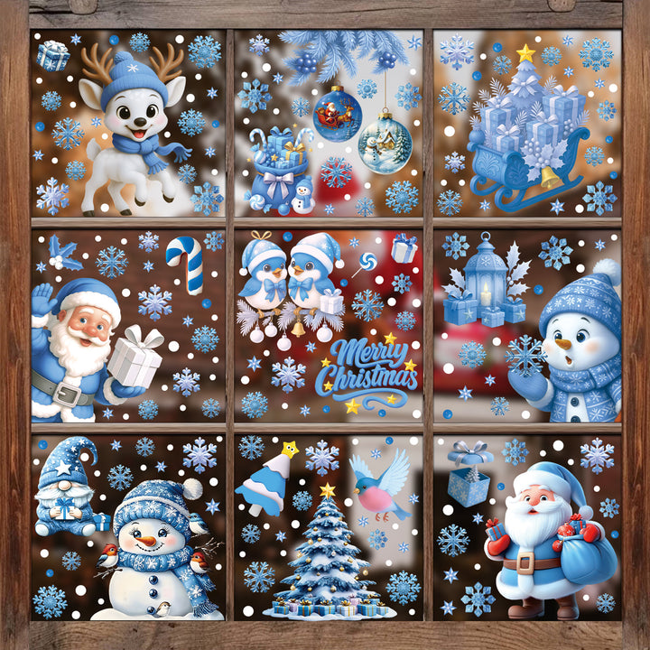 Blue Christmas window clings with snowflakes, bells, reindeer, and holiday characters